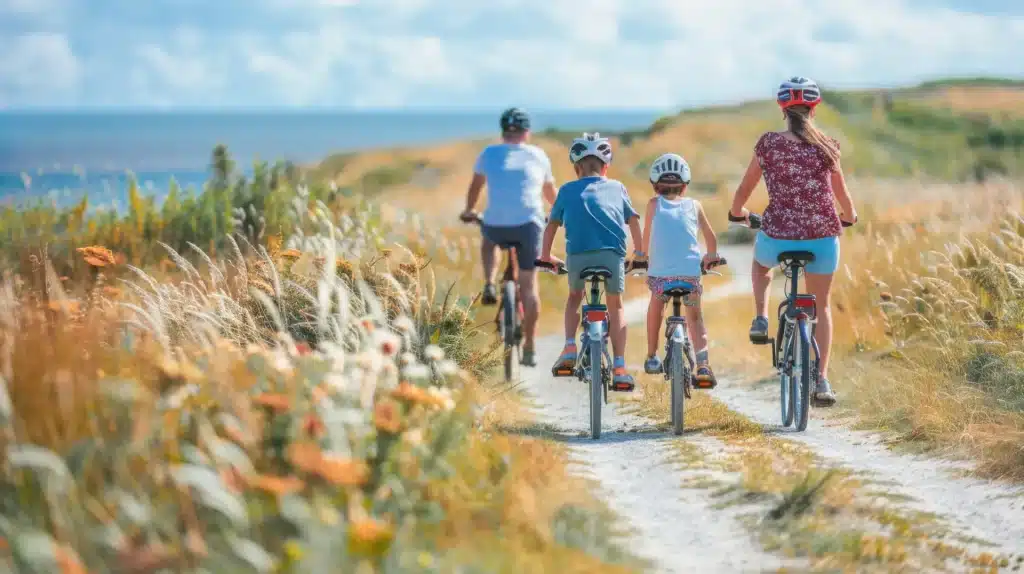 Famille faisant du vélo sur chemin côtier ensoleillé.