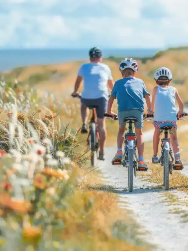 Famille faisant du vélo sur chemin côtier ensoleillé.