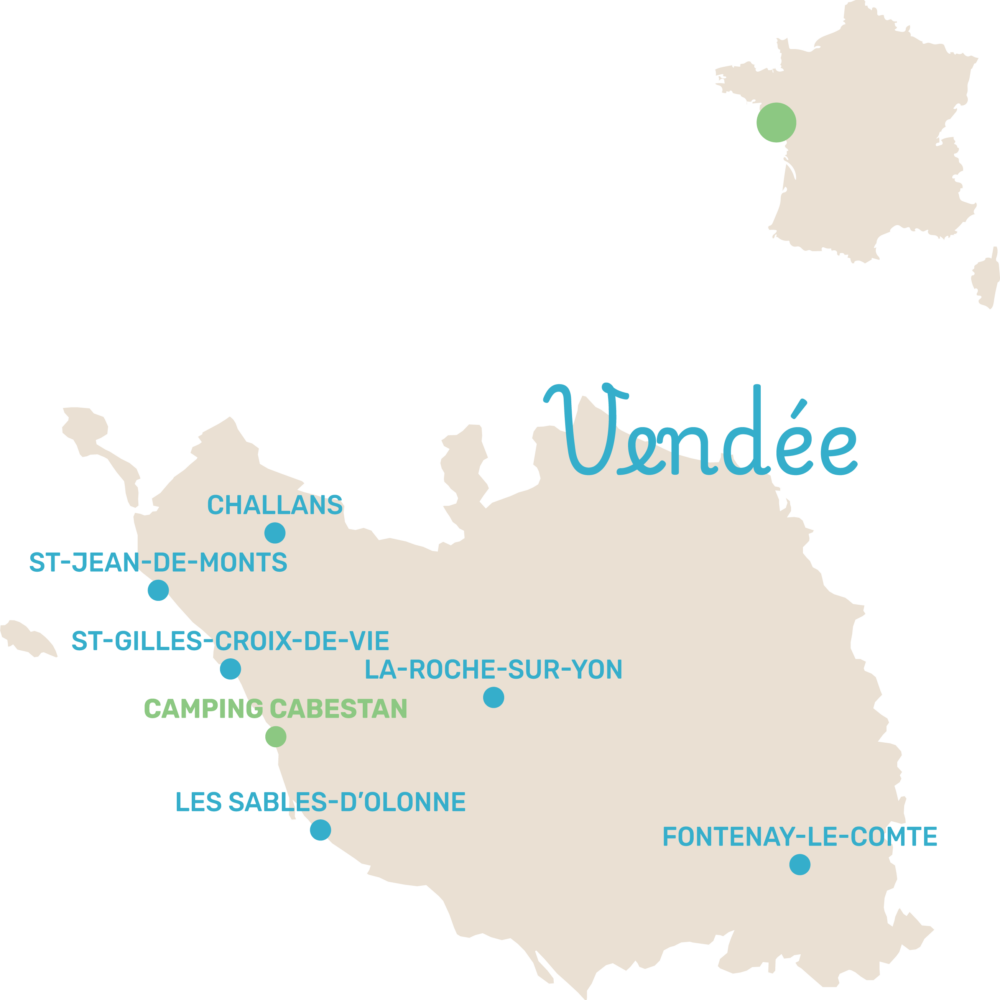 Carte des villes principales de la Vendée, France.