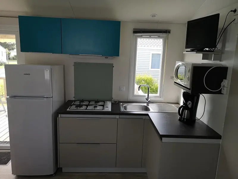 Cuisine moderne avec équipement électroménager compact.