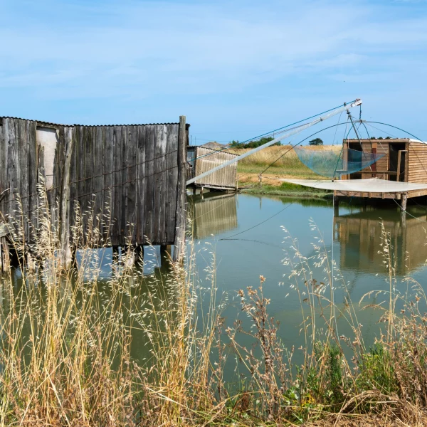 Cabanes en bois sur un étang, paysage rural.
