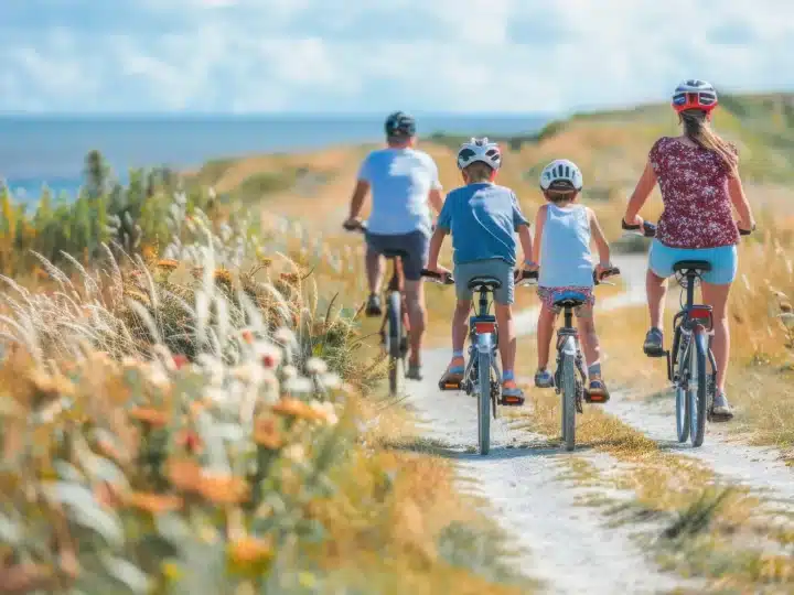 Famille à vélo sur chemin côtier ensoleillé.